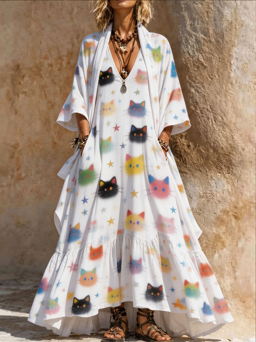 Retro Style Art Printed Vintage Camisole Dress Long Sleeve Two-Piece Maxi Dress